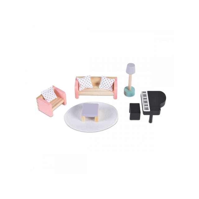 Moni Holz-Puppenmöbel Wohnzimmer 4011 Möbelset Klavier Sofa Lampe Tisch Teppich bunt