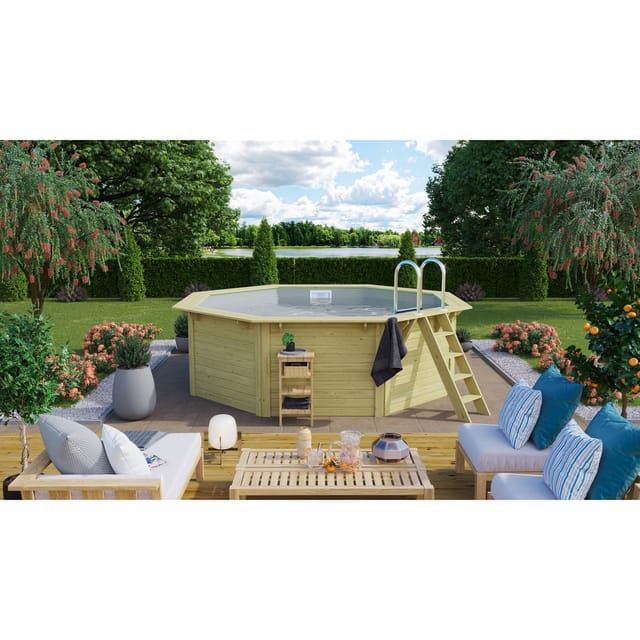CHILLROI Achteckiger Massivholzpool, 357,5 x 357,5 x 124 cm, Modell 1 X Folie grau Inkl. Zubehör und Pool Leitern