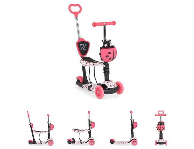 Moni Kinderroller Lollipop 3 in 1 Schiebestange, Sitz, PU-Vorderräder mit LED rot