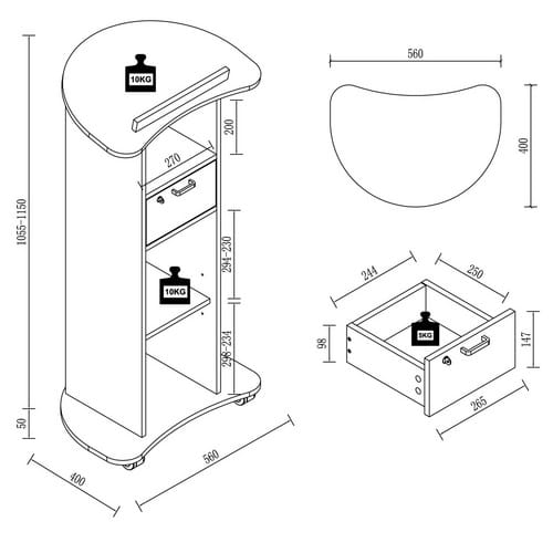 VCM Holz mobiles Rednerpult Maße ca. H. 110 bis 120 cm x B. 56 cm x T. 37 cm rollbar mit Schublade Stehpult Stehtisch mit Tür - Redola