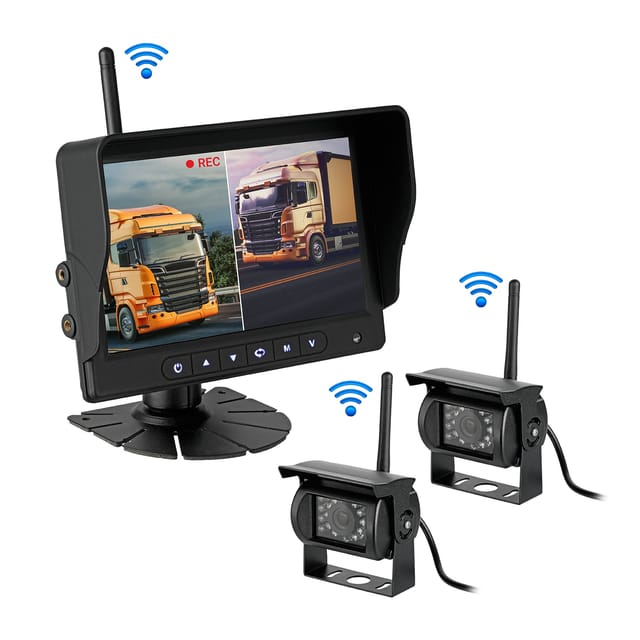 CARMATRIX HD Funk Rückfahrsystem Digital für LKW Wohnmobil Auto Transporter 7" Monitor mit Aufnahmefunktion, Mikrofon 2 Kameras