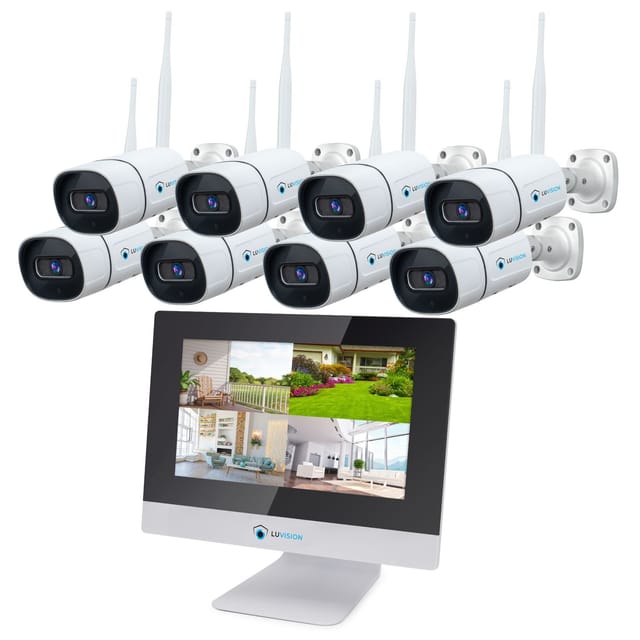LUVISION Dual WLAN Funk Kamera Set Überwachungssystem mit Monitor Cloud 4 bis 8 IP Kameras & App 8 Kameras