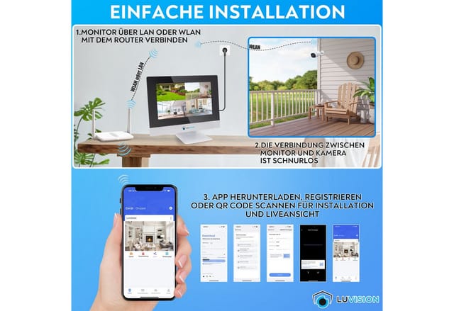 LUVISION Dual WLAN Funk Kamera Set Überwachungssystem mit Monitor Cloud 4 bis 8 IP Kameras & App 2 Kameras