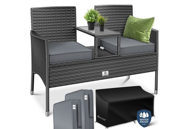 KESSER® Polyrattan Gartenbank 2-Sitzer Bank mit integriertem inkl. Tisch & Kissen - 133 × 55 × 84 cm - Rattan Sitzbank Garten Balkon Gartensofa wetterfest Sitzgruppe Ultra Stabile