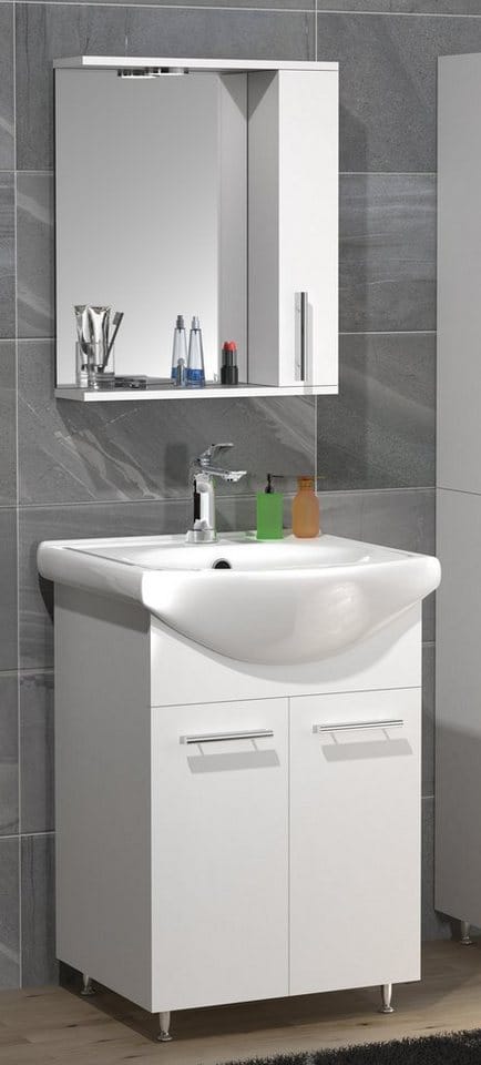 VCM 3-tlg. Waschplatz Waschtisch Unterschrank 55 cm Badmöbel Set mit Waschbecken und Spiegelschrank Drehtüren Komplettset Lisalo M