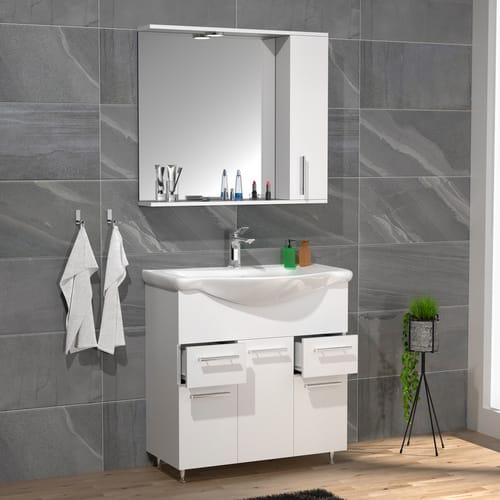 VCM 3-tlg. Waschplatz Waschtisch Unterschrank 75 cm Badmöbel Set mit Waschbecken praktische Schubladen Drehtüren Spiegelschrank Komplettset Lisalo XL