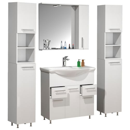 VCM 5-tlg. Waschplatz Waschtisch Unterschrank 75 cm Badmöbel Set mit Waschbecken, Spiegelschrank, 2x Hochschrank praktische Schubladen Drehtüren Komplettset Lisalo XL
