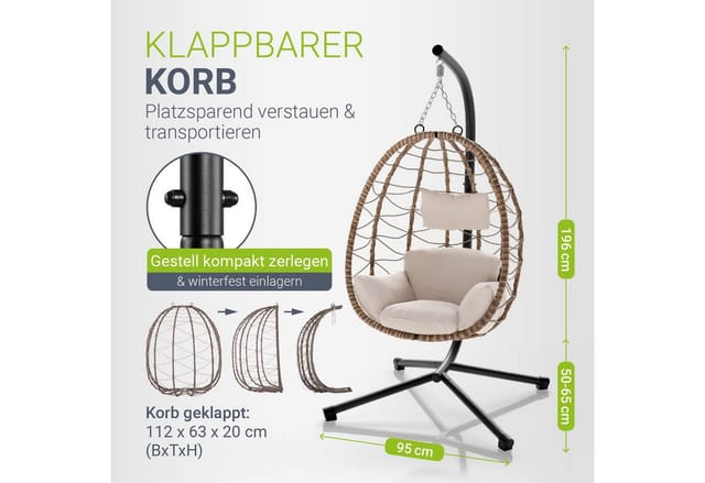 Juskys Korb-Hängesessel Aria faltbar & höhenverstellbar mit Eisengestell bis 130 kg Beige