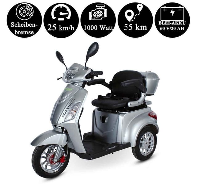 ECO ENGEL 500 Silber, 1000 Watt, 25 km/h, Elektromobil für Senioren, 3 Rad Scooter