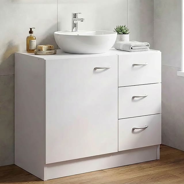 FineBuy Bad Waschbecken Unterschrank 54 x 63 x 30 cm 1 Tür 3 Schubladen weiß