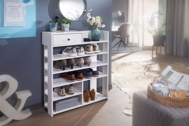 FineBuy Schuhregal Weiß 75x92,5 cm Flurregal Hoch Regal 7 Fächer mit Schublade