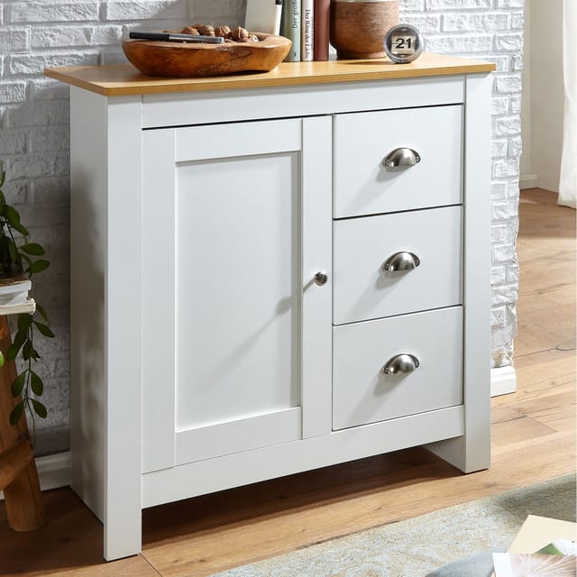 Sideboard 80 cm MDF Weiß & Eiche Dekor Design Kommode mit 3 Schubladen & 1 Tür