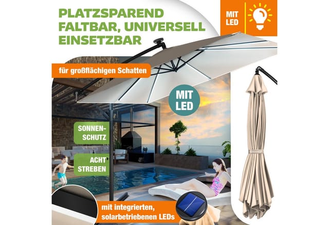 KESSER® Ampelschirm Holly Sonnenschirm Rechteckig mit und ohne LED Solar inkl. Abdeckung + Windsicherung mit Kurbel Kurbel-Schirm mit Ständer UV-Schutz Aluminium Wasserabweisend Ø350cm Gartenschirm