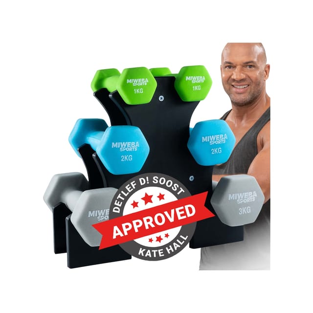 Miweba Sports Gymnastikhantel-Set NKH120, 1-3 kg, Neopren/Vinyl, Eisenkern, rutschfest, Hantelablage (Grün, Türkis, Grau, Neopren)