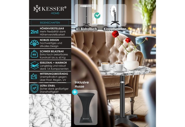 KESSER® 2in1 Stehtisch klappbar Bistrotisch Aluminium Edelstahlplatte höhenverstellbar 70cm / 115cm Partytisch Tisch In- & Outdoor Hochzeit Empfangstisch Klapptisch inklusive Regencover