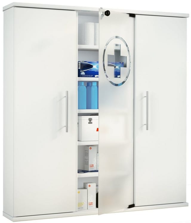 VCM Medizinschrank Maße ca. 92 x B. 88 x T. 18 cm Apothekerschrank abschließbar mit drei Drehtüren stehend Arzneischrank - Santila