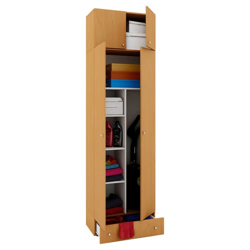 VCM Holz- Besenschrank 6 Fächer Maße: B. 70 x H. 237 x T. 40 cm Haushaltsschrank Mehrzweckschrank Aufsatz mit 2 Türen Extra Schublade - Vandol