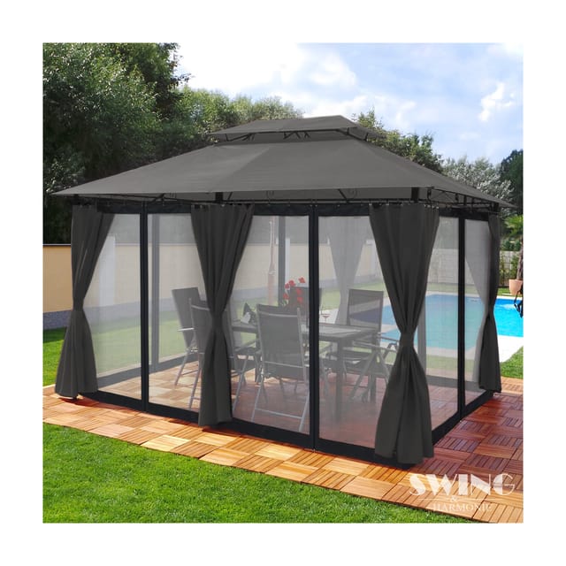 Swing&Harmonie Luxus LED - Pavillon 3x4m Minzo - inkl. Seitenwände mit LED Beleuchtung + Solarmodul Gartenpavillon mit Moskitonetz Partyzelt Gartenzelt in Anthrazit
