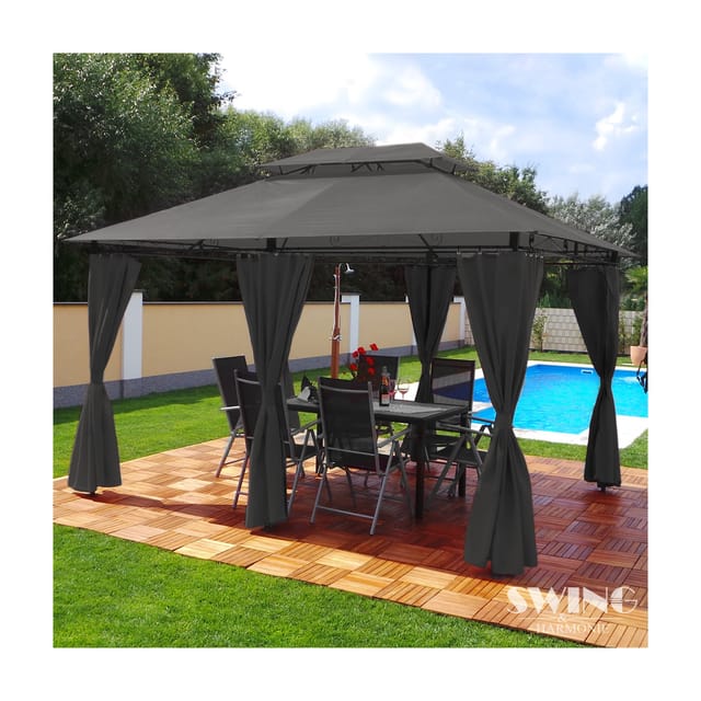 Swing&Harmonie Luxus LED - Pavillon 3x4m Minzo - inkl. Seitenwände mit LED Beleuchtung + Solarmodul Gartenpavillion, anthrazit
