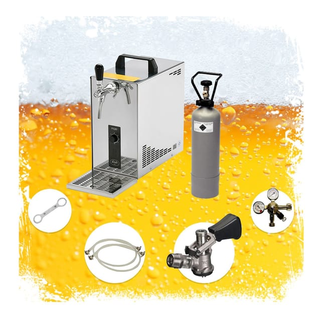 Komplett Set - Zapfanlage, Bierzapfanlage, Bierkoffer, Durchlaufkühler PYGMY 25 1-leitig Trockenkühler, 35 Liter/h, NC Adapter