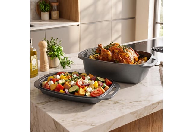 STONELINE® Bräter 40 x 22 cm mit Deckel, Backofen und Induktion geeignet, Antihaftbeschichtung, grau