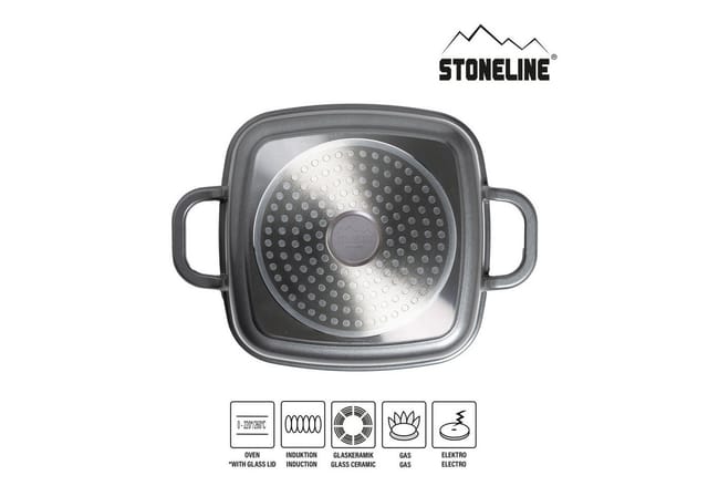 STONELINE® Eckpfanne 20x20 cm mit Aroma Glasdeckel, Pfanne rechteckig, Backofen & Induktion geeignet
