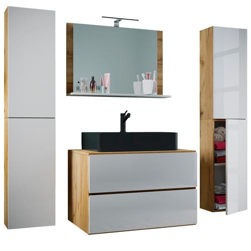 VCM 5-tlg. Waschplatz Waschtisch schwarzes Waschbecken Unterschrank Breite 60 cm Badmöbel Set mit Schubladen Drehtüren Spiegel Lendas S BL