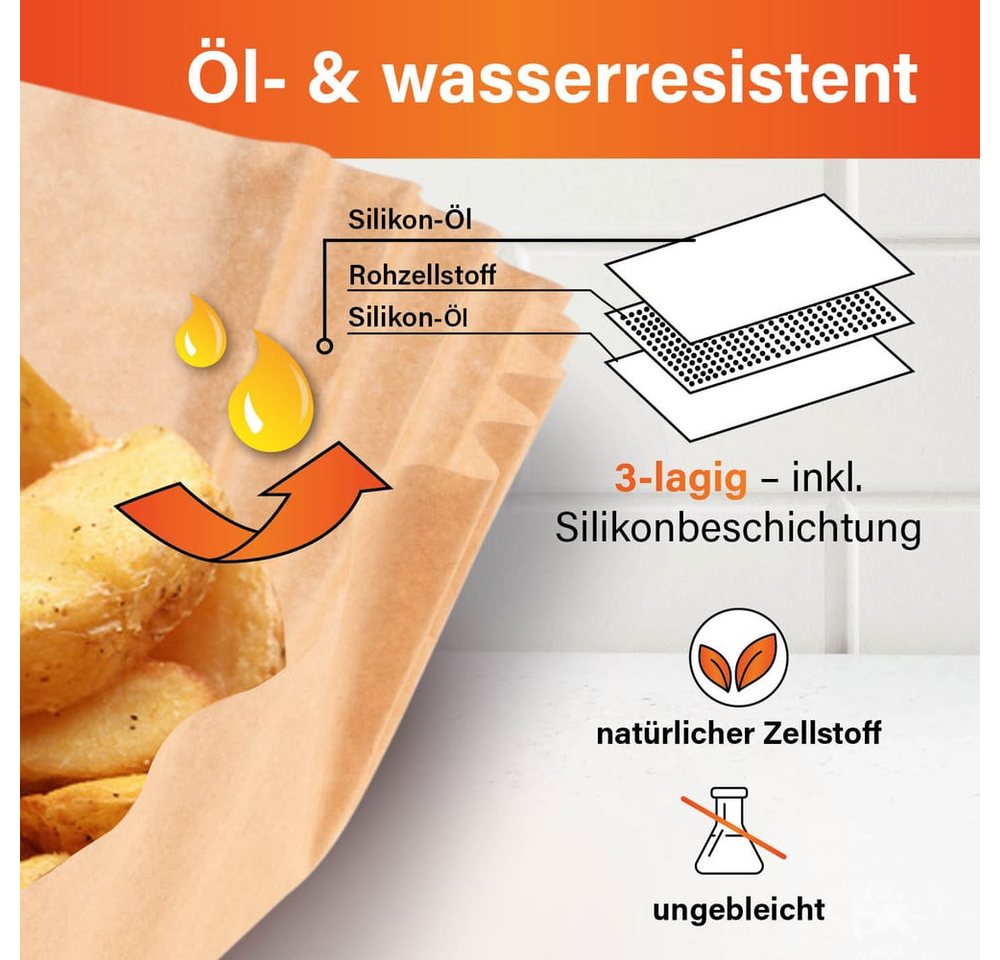 GOURMETmaxx Backpapier-Schalen für Heißluft-Fritteusen 100er-Set 20x20x4,5cm braun Bild 5
