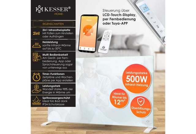 KESSER® Infrarotheizung Glaskonvektor Glasheizung Energiesparend 2in1 Standgerät & Wandmontage Elektroheizung mit Erkennung Offener Fenster + Fernbedienung & App-Steuerung Thermostat Heizpaneel