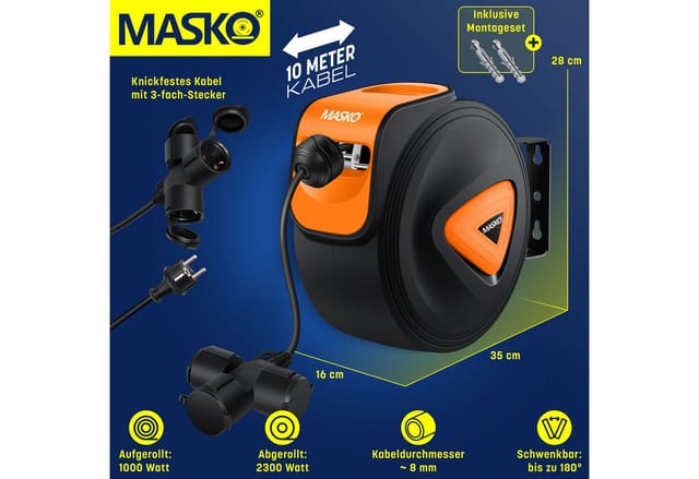 MASKO® Automatik Kabeltrommel Verlängerungskabel mit 3-Fach Anschluss 180° drehbar 1,5m Zuleitung Wandhalterung Werkstatt Kabelaufroller Automatisch Stromtrommel Schlauchaufroller Inkl. Handschuhe