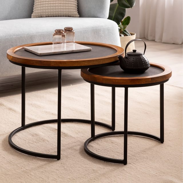 Couchtisch FineBuy Wohnzimmertisch 2er Set Rund Holz / Steinoptik Satztisch