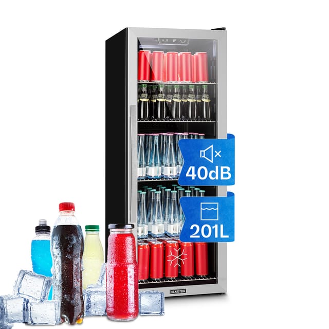 Beersafe 6XL Kühlschrank 201 Liter 5 Böden Panoramaglastür Edelstahl Silber 201 Liter
