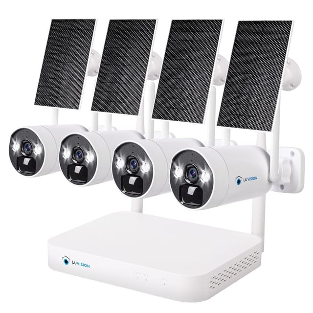 LUVISION Dual WLAN Solar Akku Überwachungssystem 10 Kanal NVR 4MP Überwachungskamera Set Mikrofon 4 Kameras