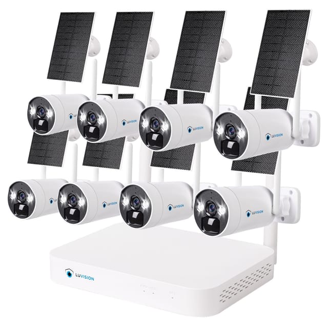LUVISION Dual WLAN Solar Akku Überwachungssystem 10 Kanal NVR 4MP Überwachungskamera Set Mikrofon 8 Kameras