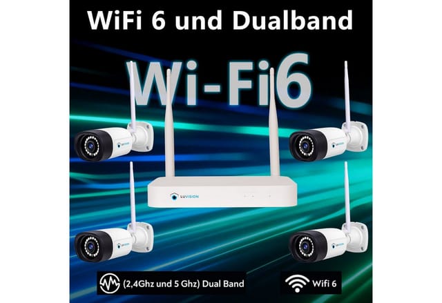 LUVISION WLAN Funk Video Überwachungssystem KI NVR 5MP Nachtsicht Farbe Mikrofon Wifi6 8 Kameras