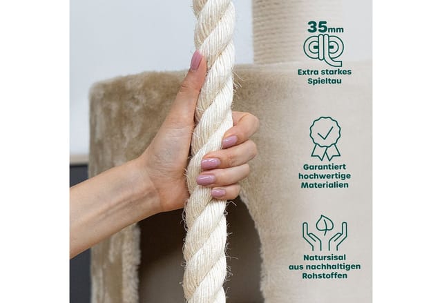 HAPPYPET Kratzbaum für Katzen groß 181 cm hoch - Stabiler Kletterbaum Katzenbaum, dicke Stämme mit 11 cm, Haus & Spieltunnel, große Liegemulden, Spietau mit Kratzrolle Grau