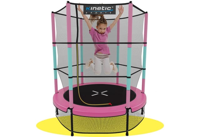 KINETIC SPORTS Kinder Trampolin JUMPER 140 cm - Inklusive Gummiseil Federung, Sicherheitsnetz mit Reißverschluss, Rahmenpolster, Schutz Bodennetz - Indoor Kindertrampolin Spielzeug Pink-Türkis