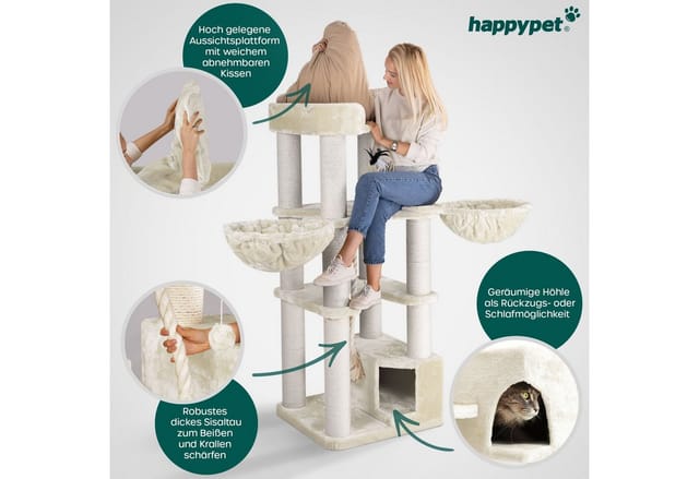 HAPPYPET Premium Kratzbaum 161 cm große Katzen stabil Katzenbaum Creme