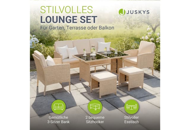 Juskys Polyrattan Gartenmöbel Sitzgruppe Turin Set 6 teilig - Outdoor Möbel mit Tisch – Lounge Creme