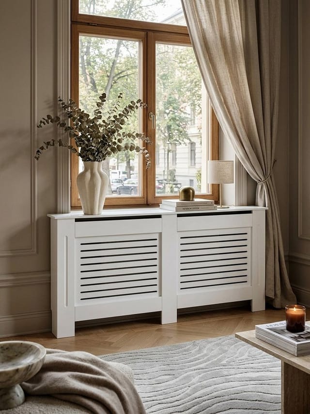 KADIMA DESIGN Moderne Heizkörperabdeckung mit Lamellenmuster, Elegante Lösung zur Verbesserung der Raumgestaltung, Weiß