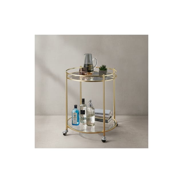 KADIMA DESIGN Goldener Servierwagen, mobiler Beistelltisch, Sicherheitsglas, Mehrzwecknutzung.