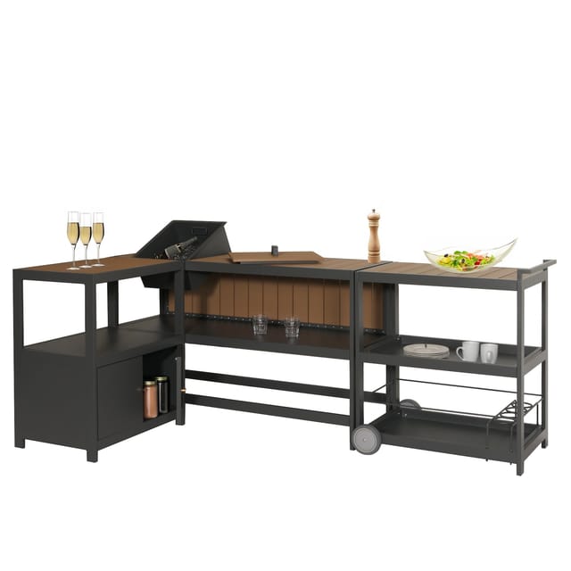 Aluminium Outdoor-Küche 3-teilig MCW-M64, Außenküche Garten Servierwagen Eiskübel Schrank ~ anthrazit, helle Holzoptik