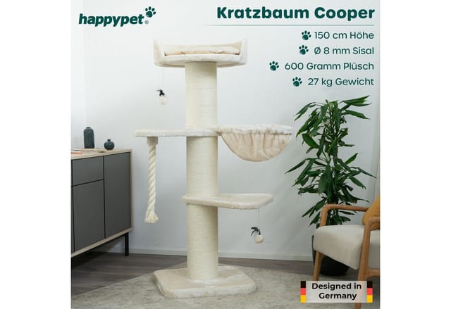 HAPPYPET Premium Kratzbaum Grosse Katzen Stabil 'Cooper' – 150 cm Großer Katzenbaum Creme
