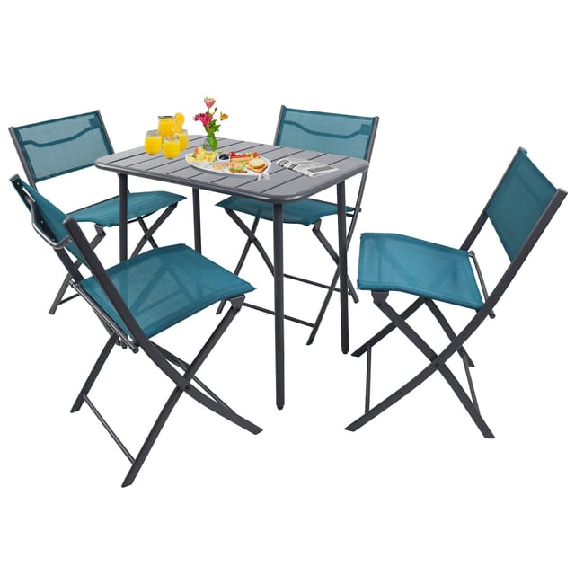 VCM 5-teilig Balkonmöbel Set, Gartentisch 80x55 cm mit 4 Klappstühlen, Metall & Textilene, wetterbeständig, platzsparend für Balkon & Terrasse, Sumila