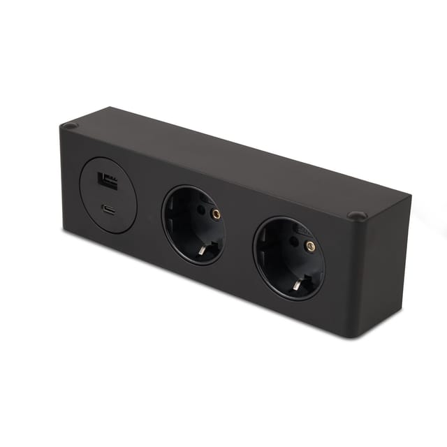 kalb 3-fach Steckdosenleiste zur Montage, 2x 230V und 2x USB Steckdosen, 200x46x62.5 mm, Anschlusskabel mit Stecker, schwarz