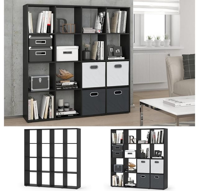 VICCO Raumteiler KARREE 16 Fächer Schwarz - Bücherregal Regal Standregal Büroregal