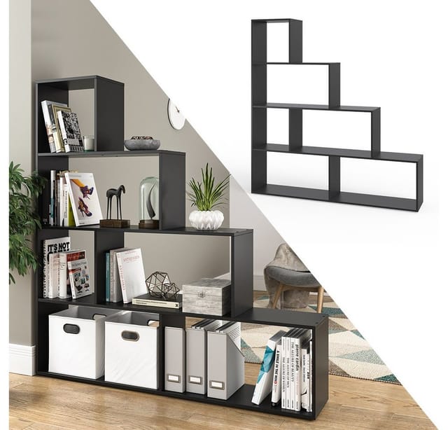 Vicco Treppenregal ASYM Raumteiler schwarz Bücherregal Standregal Aktenregal Hochregal Aufbewahrung Regal