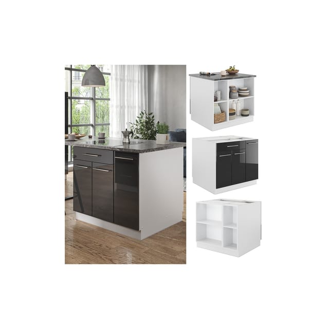 Vicco Kücheninsel Küchenblock Einbauküche Fame-Line Weiß Anthrazit 90 cm modern Hochglanz Küchen Schränke Apothekerunterschrank Schubunterschrank Regalinselunterschrank Softclose-Scharnier Küchenmöbel