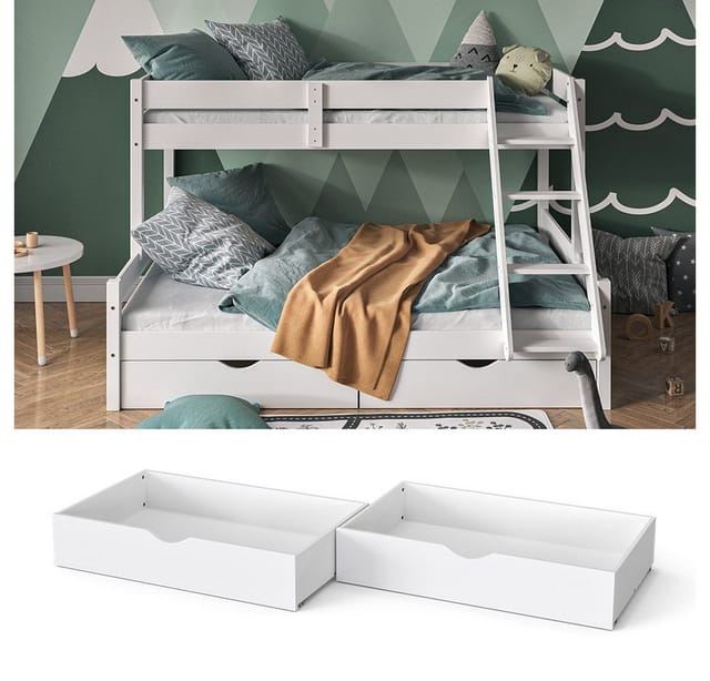 VitaliSpa Bettschublade Schubladenbett Aufbewahrung Everest Weiß 98x20 modern Rollschublade Kinderzimmer Bett Zubehör Spielzeug Ablage Kiefer Massivholz Kinderbett Spielturmbett