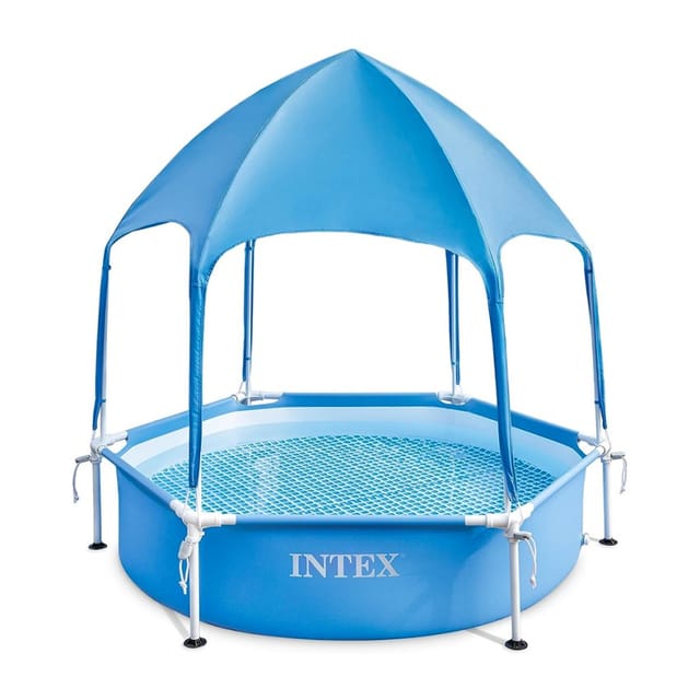 INTEX 28209NP - Metal Frame Pool mit Überdachung (183x38cm) mit Wassersprüher Kinderpool Planschbecken
